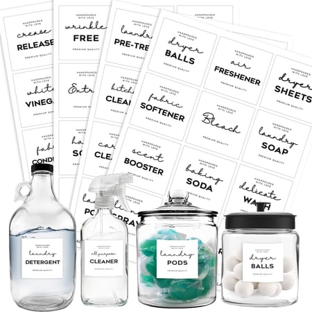 v2croft 48 Laundry Labels for Jars, Minimalist Laundry Room Stickers, Waterproof Home Storage Organization Labels for Containers, Cleaning Supplies (White)