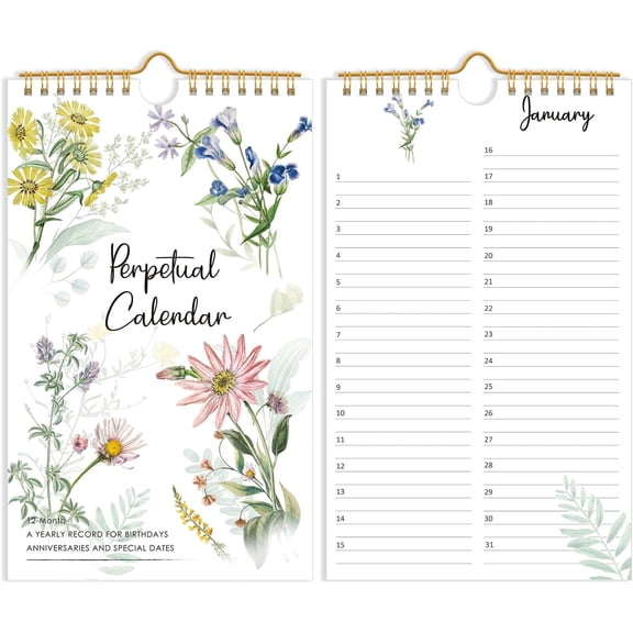 v2croft Perpetual Calendar, 6" x 10" Undated 12-Month Organizer for Important Dates, Birthdays, Anniversaries, and Festivals, Minimalist Floral Design Special Event Reminder Calendar Planner