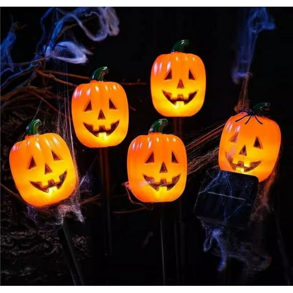 v5Pack Jack O Lantern Stake String Lights - Orange Halloween Pathway Decor for Outdoor Halloween Yard Display, Battery Operated