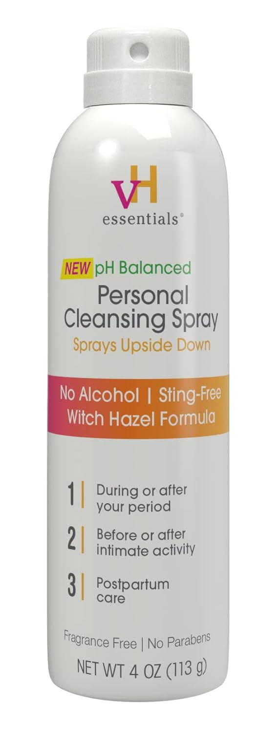 vH Essentials Personal Cleansing Spray, Alcohol-Free Witch Hazel Formula, Fragrance-Free, pH Balanced Intimate Fresh with Peppermint & Lactic Acid, 4 oz