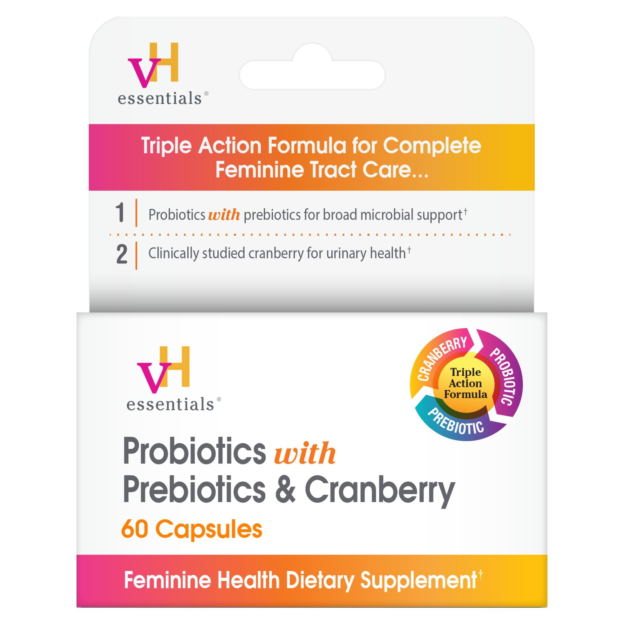 vH Essentials Probiotics with Prebiotics and Cranberry Feminine Health Supplement - 60 Capsules