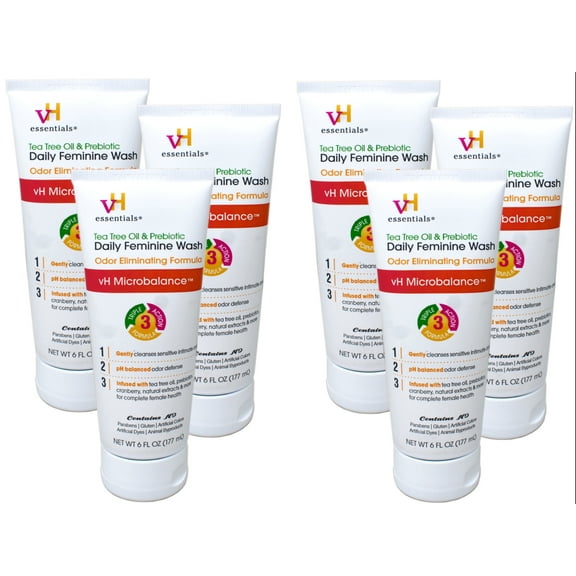 vH essentials Intimate Feminine Wash, pH Balanced with Tea Tree Oil, Cranberry, Prebiotics Odor Eliminating Formula, 6 FL OZ - 6 Pack