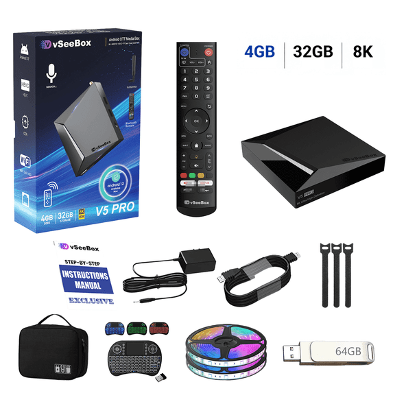 vSeeBox V5 Pro, 4GB 32GB Storage, Voice Control, Android 12, Dual Band WiFi, Full Accessory Kit (Bluetooth Voice Remote, 64GB USB Drive, HDMI Cable, TV Light, Keyboard Remote, Storage Bag)