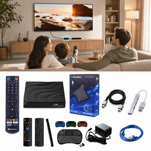 vSeeBox V5 Pro Android TV Box 12.0 with 8K Support, 4GB+32GB, Dual-Band WiFi 6, BT Voice Remote, 7-Day Playback