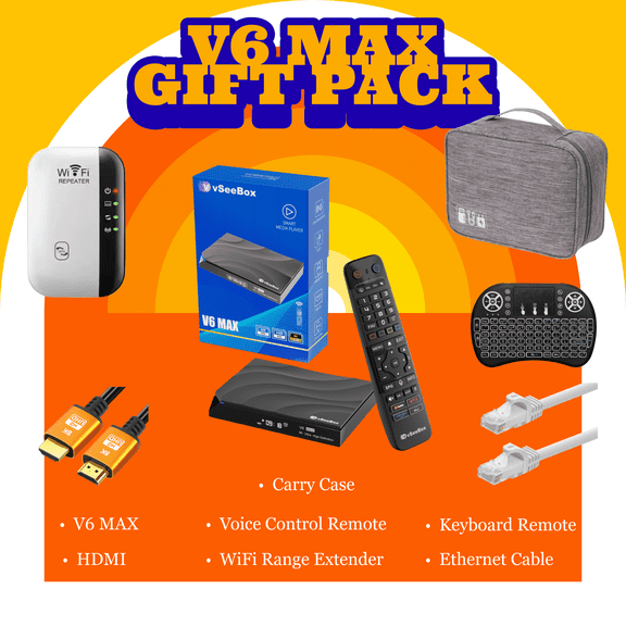 vSeeBox V6 Max 2026 New Max Version Kit with HDMI CableWith Remote, Setup Guide & Power Adapter WiFi6 Android 14, 4GB RAM 64GB Storage