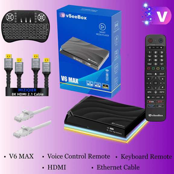 vSeeBox V6 Max 2026 New Max Version Kit with HDMI CableWith Remote, Setup Guide & Power Adapter WiFi6 Android 14, 4GB RAM 64GB Storage