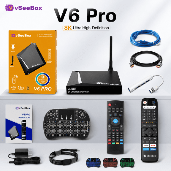 vSeeBox V6 Pro Android 14.0 TV Box, 4GB RAM 32GB ROM,Bluetooth Voice Control, 7 Days Playback