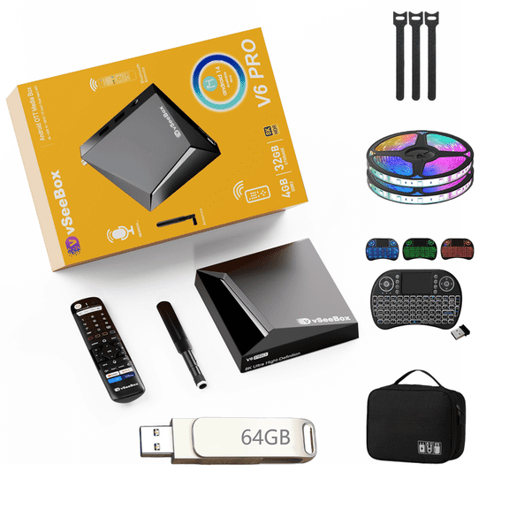 vSeeBox V6 Pro Android 14 8K Bundle, Voice Remote with Keyboard, 64GB USB, HDMI Cable, Ambient TV Light