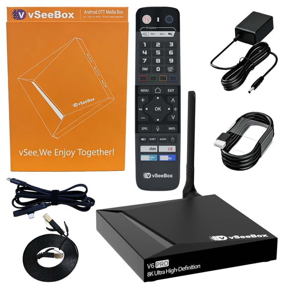 vSeeBox V6 Pro Android 14 TV Box 8K HDR 4GB RAM 32GB Storage with WiFi 6 and Gigabit LAN Upgraded from V5 Pro