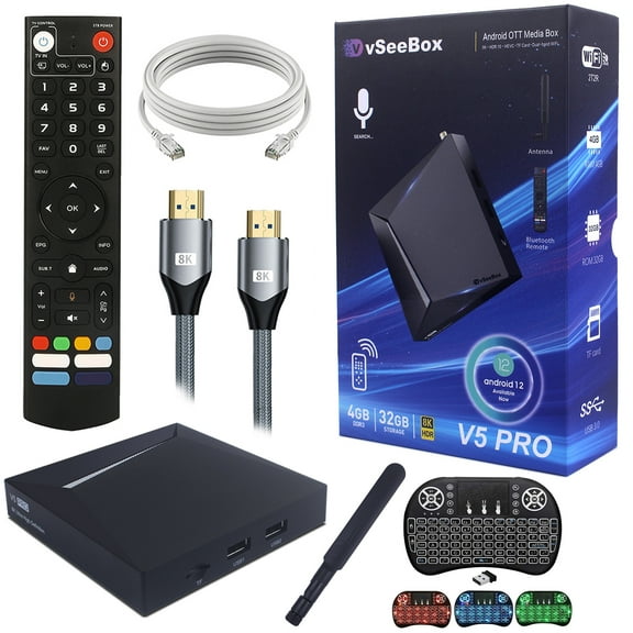 vSeebox 2025 V5 Pro New-est Version Android 12 TV box technology,with Voice Remote Control, RGB Backlit Mini Keyboard,8K HDMI Cable,4GB RAM, 32GB Storage