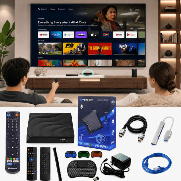 vSeebox 2026 V5 Pro New Version Android 12 TV Box with Voice Remote Control, Backlit Mini Keyboard,8K HDMI Cable,4GB RAM, 32GB Storage