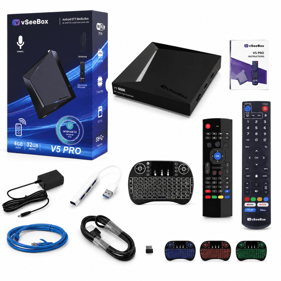 vSeebox 2026 V5 Pro New Version Android 12 TV box technology,with Voice Remote Control, Backlit Mini Keyboard,8K HDMI Cable,4GB RAM, 32GB Storage