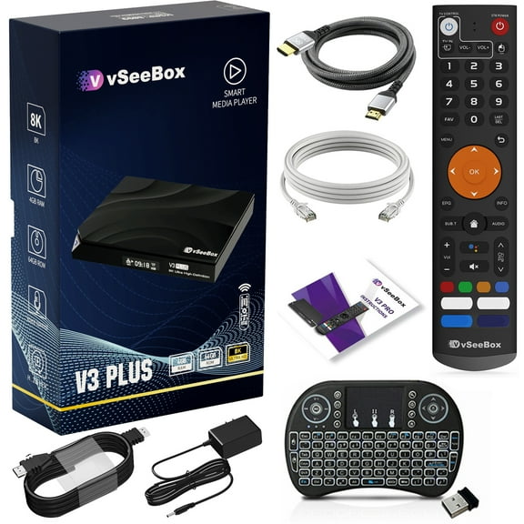 vSeebox V3 Plus New-est Version,Android 11 TV box technology,with Voice Remote Control, RGB Backlit Mini Keyboard,8K HDMI Cable,4GB RAM, 64GB Storage,