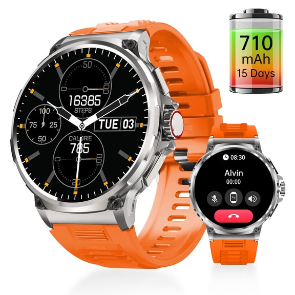 Smart Watch Big Round Screen 1.85"for Men 710mAh, IP67 Waterproof,with Bluetooth Call 100+ Sports Modes Fitness Tracker Android iPhoneorange