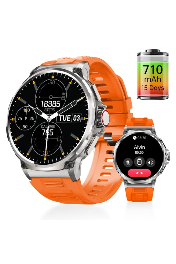 Smart Watch Big Round Screen 1.85"for Men 710mAh, IP67 Waterproof,with Bluetooth Call 100+ Sports Modes Fitness Tracker Android iPhoneorange