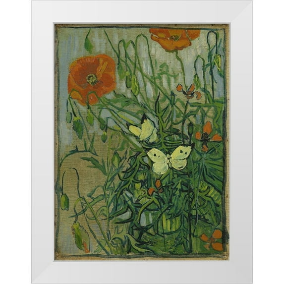 van Gogh, Vincent 11x14 White Modern Wood Framed Museum Art Print Titled - Butterflies and poppies