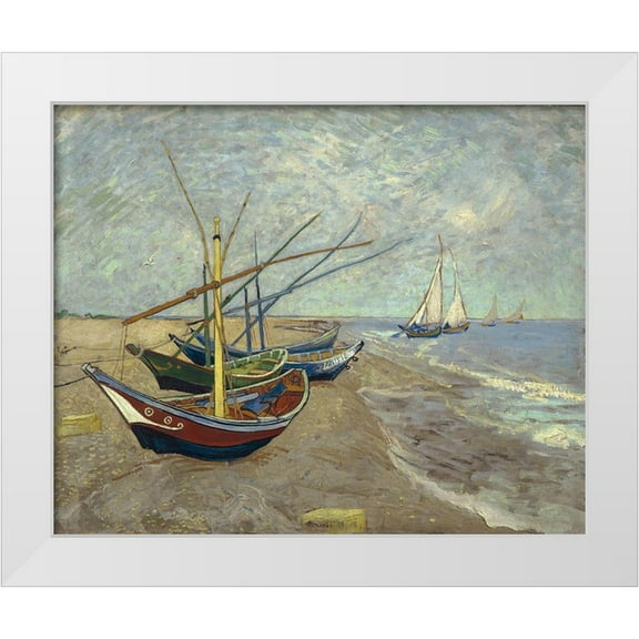 van Gogh, Vincent 14x12 White Modern Wood Framed Museum Art Print Titled - Fishing boats on the beach at Les Saintes-Maries-de-la-Mer