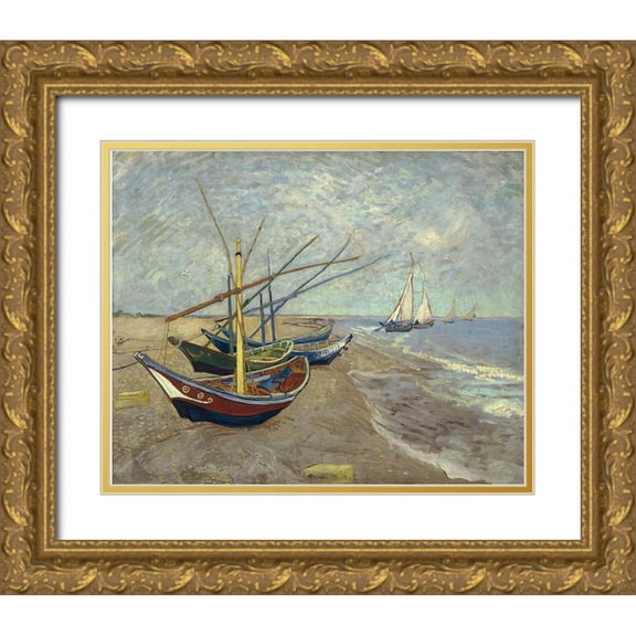 van Gogh, Vincent 18x15 Gold Ornate Wood Framed with Double Matting Museum Art Print Titled - Fishing boats on the beach at Les Saintes-Maries-de-la-Mer