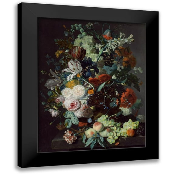 van Huysum, Jan 12x14 Black Modern Framed Museum Art Print Titled - Still Life with Flowers and Fruit, c. 1715