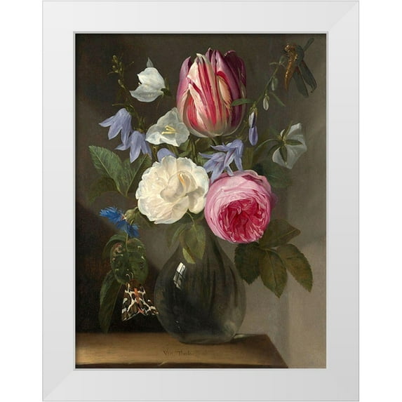 van Thielen, Jan Philips 25x32 White Modern Wood Framed Museum Art Print Titled - Roses and a Tulip in a Glass Vase