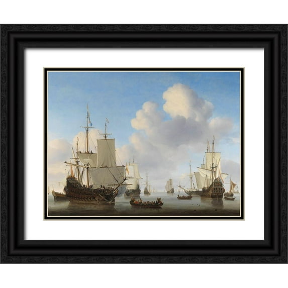 van de Velde, Willem the Younger 14x12 Black Ornate Wood Framed with Double Matting Museum Art Print Titled - Dutch Ships in a Calm Sea