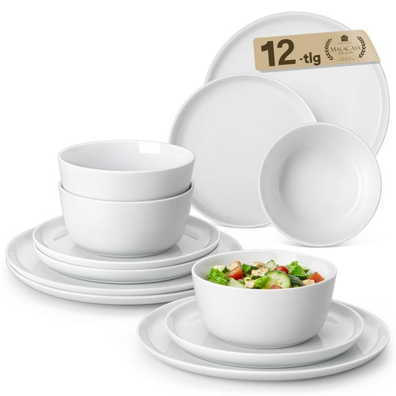 vancasso 12 Pcs Dinnerware Set, Ceramic Plates and Bowls Set for 4, Curve Vertical Shape Dinner set, White Porcelain Dish Set