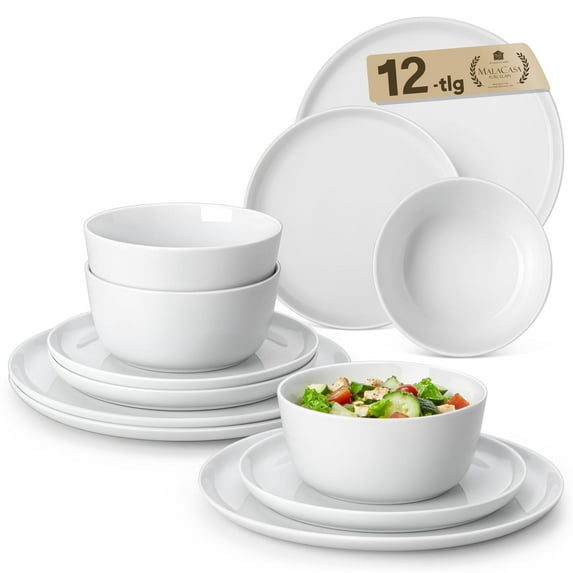 vancasso 12 Pcs Dinnerware Set, Ceramic Plates and Bowls Set for 4, Curve Vertical Shape Dinner set, White Porcelain Dish Set