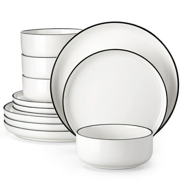 vancasso 12 pcs Dinnerware Sets, Plates and Bowls Set for 4, Ceramic Dinner Set, White and Black