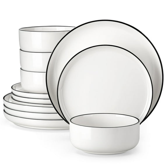 vancasso 12 pcs Dinnerware Sets, Plates and Bowls Set for 4, Ceramic Dinner Set, White and Black