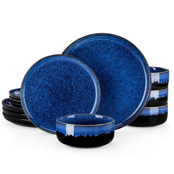 Malacasa Dinnerware Set for 4, 12 Pcs Plates and Bowls Set, Stoneware Tableware Dishwasher Microwave Safe, Blue Vertical edge shape