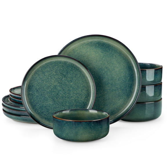 MALACASA 12 Piece Dinnerware Set, Stoneware Dish Plate Set, Service for 4, Green Vertical edge shape
