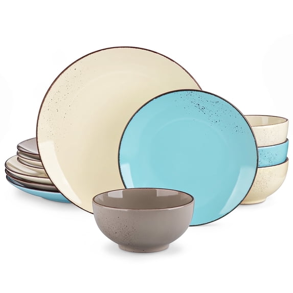 Malacasa 12 Pcs Dinnerware Sets, Ceramic Plates and Bowls Set for 4 with Reactive Glaze & Speckled Finish, Dish Sets, Dishwasher & Microwave Safe, Light Colors
