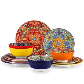 vancasso 12 Pieces Dinnerware Sets, Plates and Bowls Set, Porcelain Dishes Set for 4, Microwave Dishwasher Safe, Bohemian Style