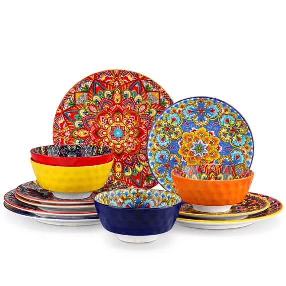 vancasso 12 Pieces Dinnerware Sets, Plates and Bowls Set, Porcelain Dishes Set for 4, Microwave Dishwasher Safe, Bohemian Style