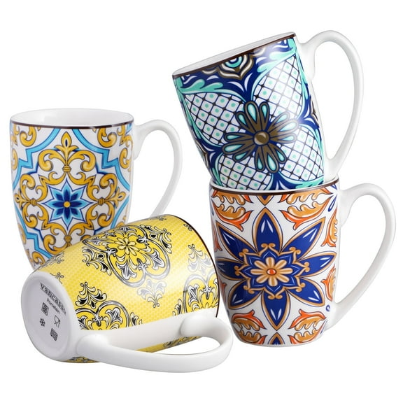 Malacasa Coffee Mugs Set of 4, 12oz Large Porcelain Mug, Ceramic Tea Cups with Handle, Dishwasher and Microwave Safe, Multicolor Bohemian