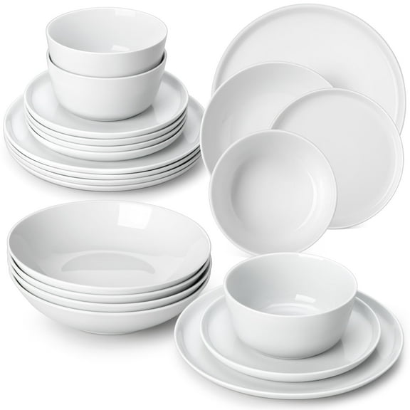 vancasso 16 Pcs Dinnerware Set, Ceramic Plates and Bowls Set for 4, Curve Vertical Shape Dinner set, White Porcelain Dish Set