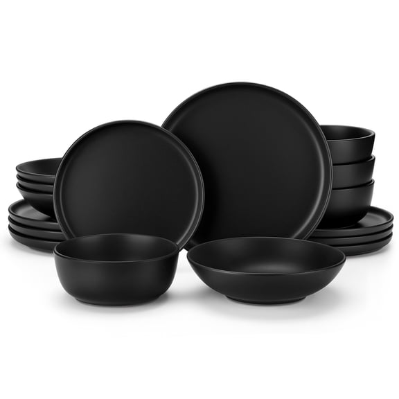 MALACASA 16 pcs Dinnerware Sets, Plates and Bowls Set for 4, Stoneware Dinner Set, Black