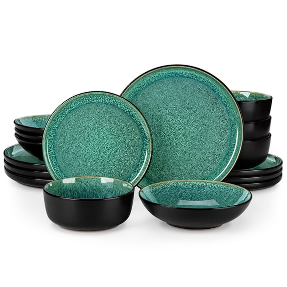 MALACASA 16 pcs Dinnerware Sets, Plates and Bowls Set for 4, Stoneware Dinner Set, Green