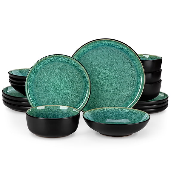 MALACASA 16 pcs Dinnerware Sets, Plates and Bowls Set for 4, Stoneware Dinner Set, Green