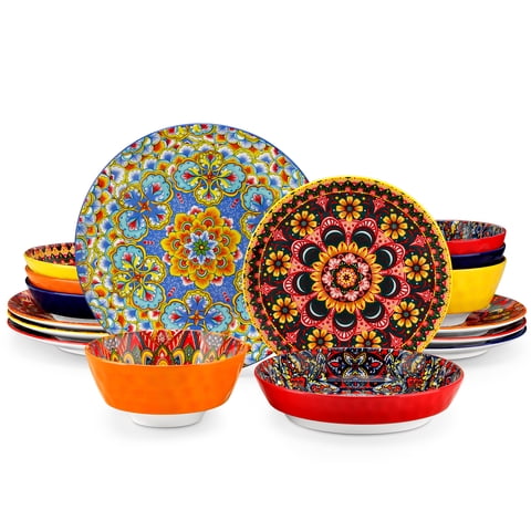 vancasso 16 Pieces Dinnerware Sets, Plates and Bowls Set, Porcelain Dishes Set for 4, Microwave Dishwasher Safe, Bohemian Style