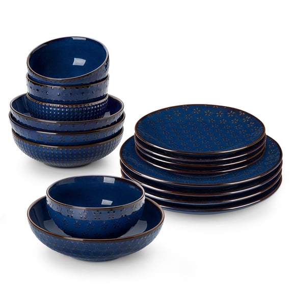 vancasso 16 Pieces Dinnerware Sets, Stoneware Plates and Bowls Set for 4, Blue Dish Set, 4 Different Patterns
