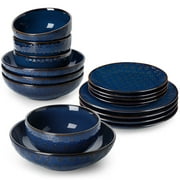 vancasso 16 Pieces Dinnerware Sets, Stoneware Plates and Bowls Set for 4, Blue Dish Set, Five Leaf Flower Pattern