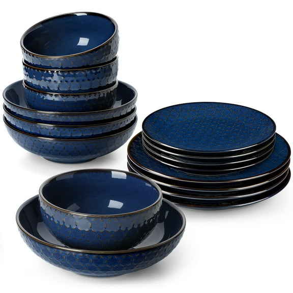 vancasso 16 Pieces Dinnerware Sets, Stoneware Plates and Bowls Set for 4, Blue Dish Set, Honeycomb Pattern
