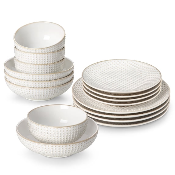vancasso 16 Pieces Dinnerware Sets, Stoneware Plates and Bowls Set for 4, White Dish Set, 4 Different Patterns