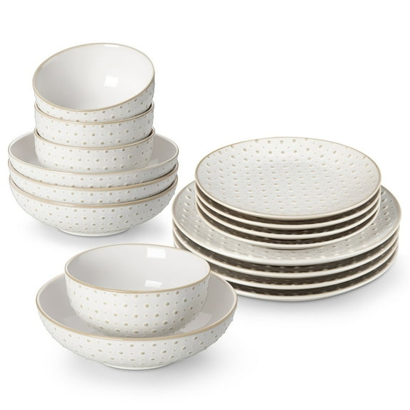 vancasso 16 Pieces Dinnerware Sets, Stoneware Plates and Bowls Set for 4, White Dish Set, Dot Pattern