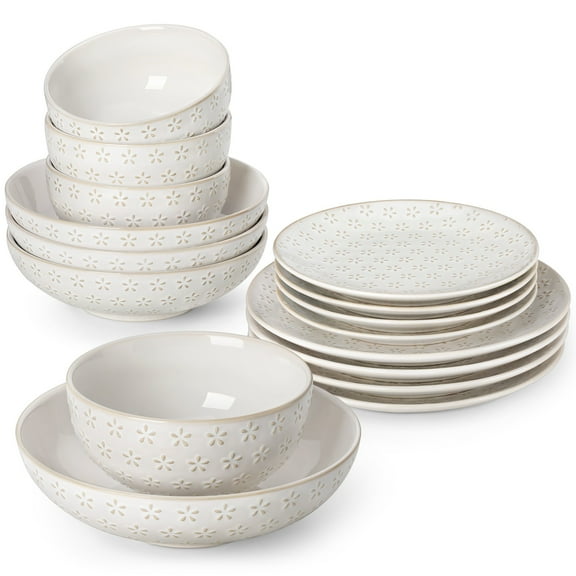 vancasso 16 Pieces Dinnerware Sets, Stoneware Plates and Bowls Set for 4, White Dish Set, Five Leaf Flower Pattern