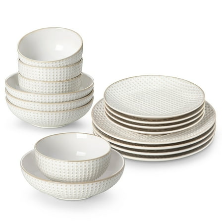 vancasso 16 Pieces Dinnerware Sets, Stoneware Plates and Bowls Set for 4, White Dish Set, Rhombus Pattern