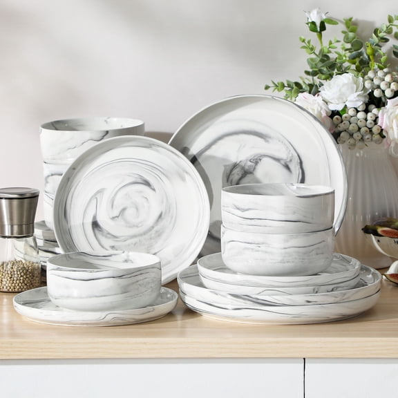 vancasso 18 Pieces Dinnerware Sets, Plates and Bowls Set for 4, Porcelain Dinner Set, Marble Grey