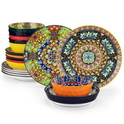 MALACASA 18Pcs Porcelain Dinnerware Set for 6, Bohemian Plates and Bowls, Microwave and Dishwasher Safe, Scratch Resistant, 3 Plates