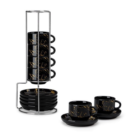 vancasso 2.5 Oz Stackable Espresso Cups with Saucers and Metal Stand Set of 6, Ceramic Cappuccino Cups, Microwave and Dishwasher Safe, Perfect For Tea, Espresso, Black
